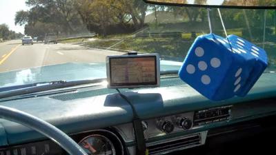 Furry dice hung inside the car